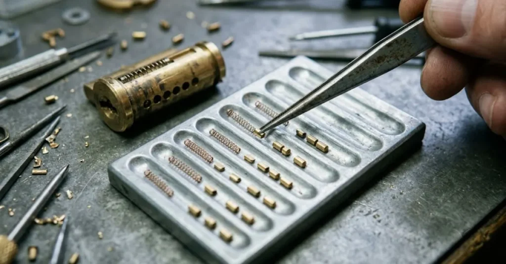Commercial locksmith re-pinning a brass lock cylinder plug using precision master split pins and wafers.