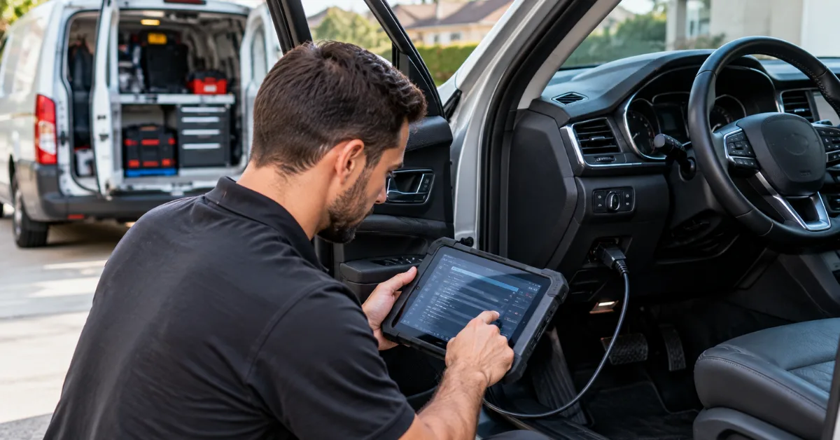 Professional automotive locksmith programming a replacement car key using an OBD2 diagnostic tablet in a residential driveway.