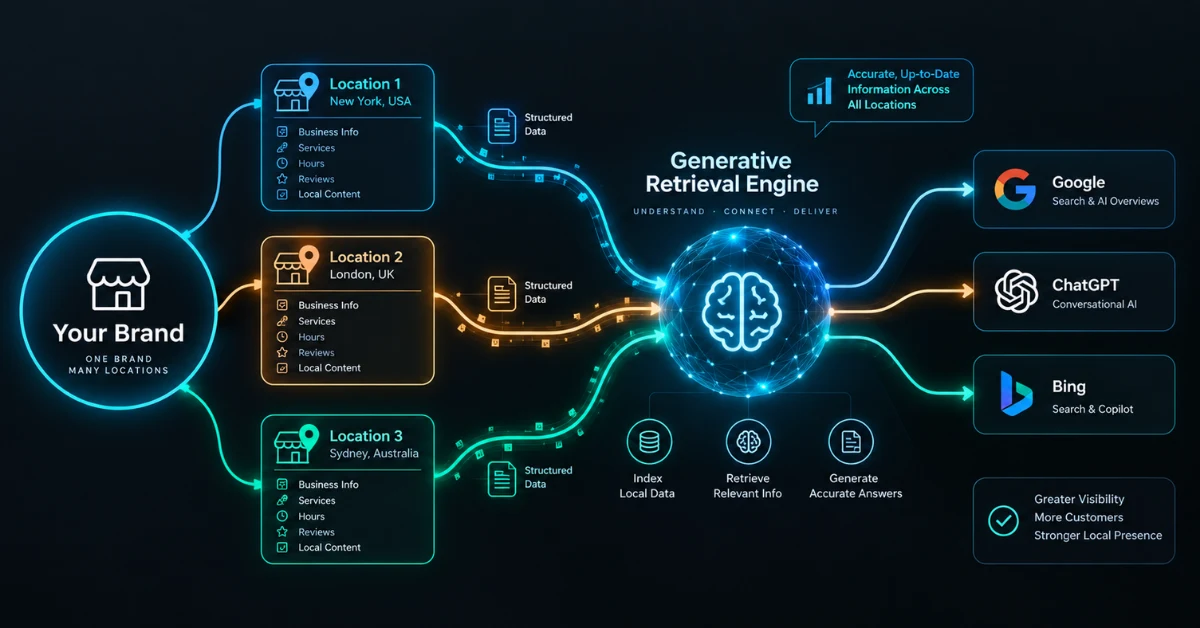 Architectural breakdown showing multi-location landing pages connecting to generative search retrieval engines and Google AI Overviews.