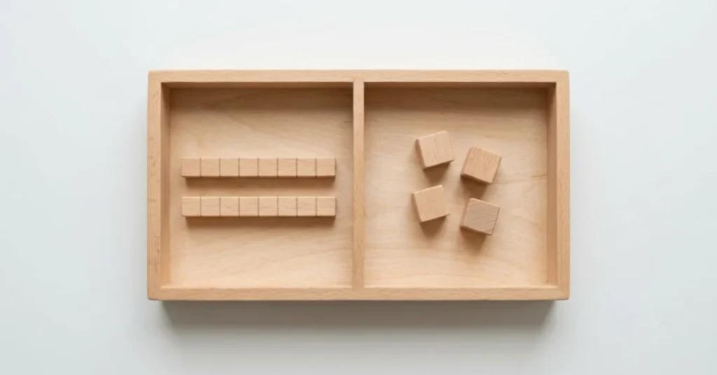 Two-compartment wooden sorting tray holding two ten-rods in the left section and four single cubes in the right section.