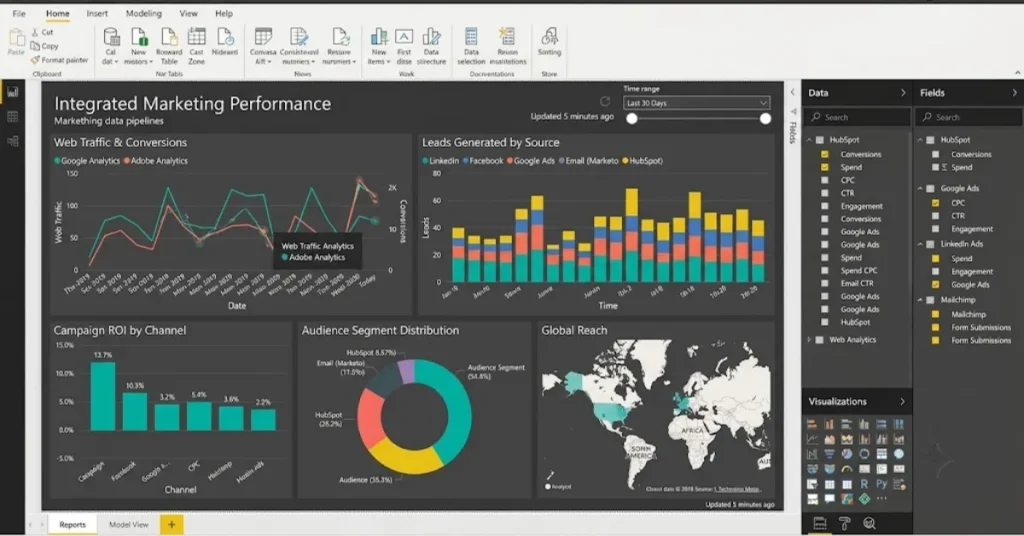 Power BI dashboard integrating multi-channel marketing data with machine learning churn forecasts