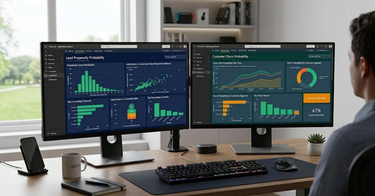 Predictive analytics marketing dashboard showing lead propensity scores and customer churn probability metrics