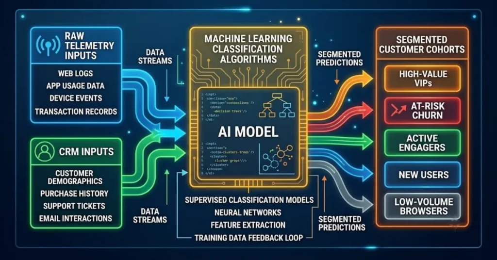 Diagram illustrating the predictive modeling workflow from raw user telemetry to customer propensity scores