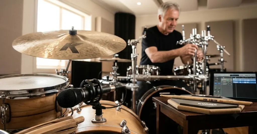 Senior drummer adjusting chrome hardware on an acoustic drum kit with microphones and a digital audio workstation tablet nearby.