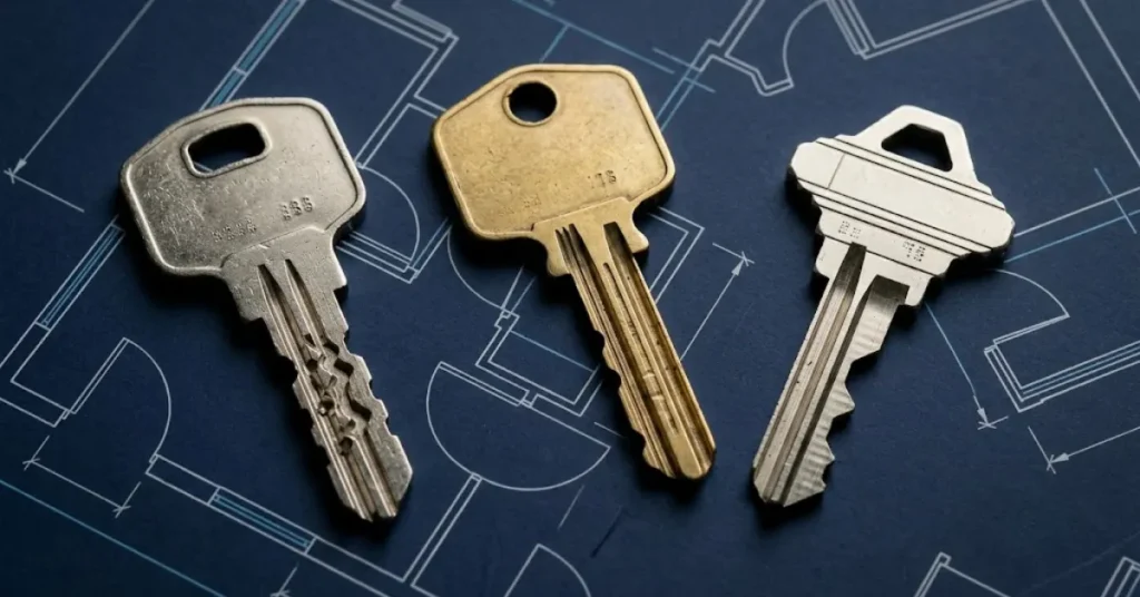 Layout of commercial restricted master keys and change keys stamped with security tracking numbers.