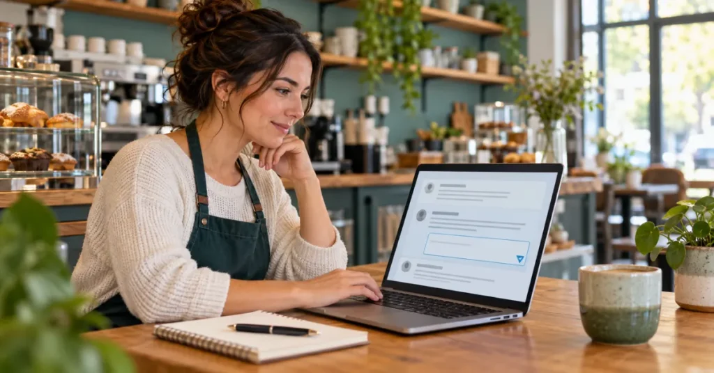 Café owner reviewing customer feedback on a laptop at a wooden counter, with a notebook and pen nearby.