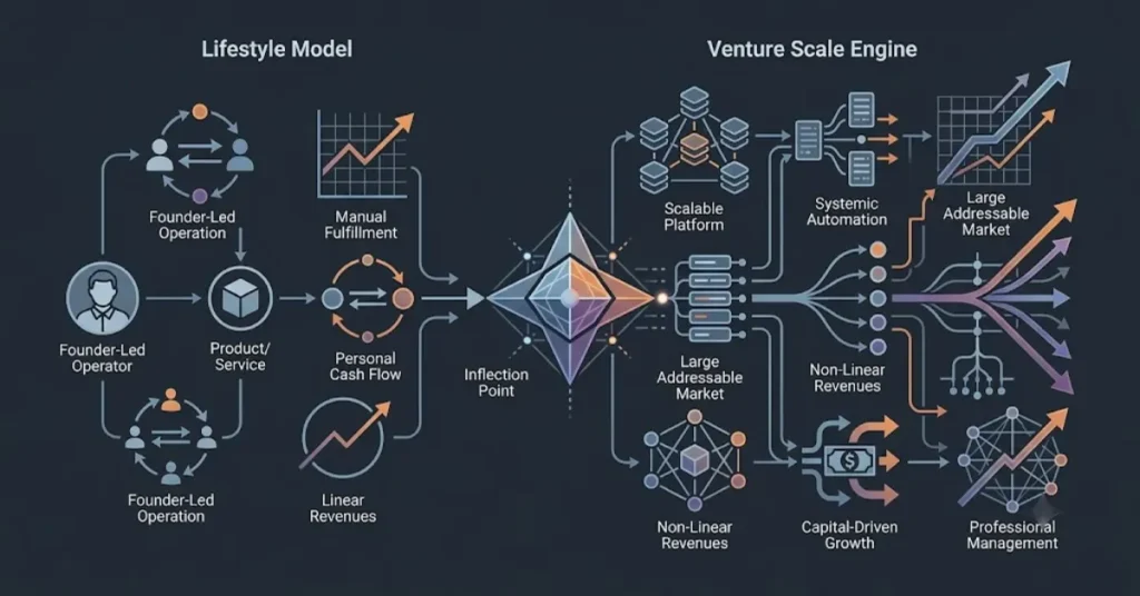 Startup definition blueprint illustrating the structural transition from small enterprise to venture scale entity