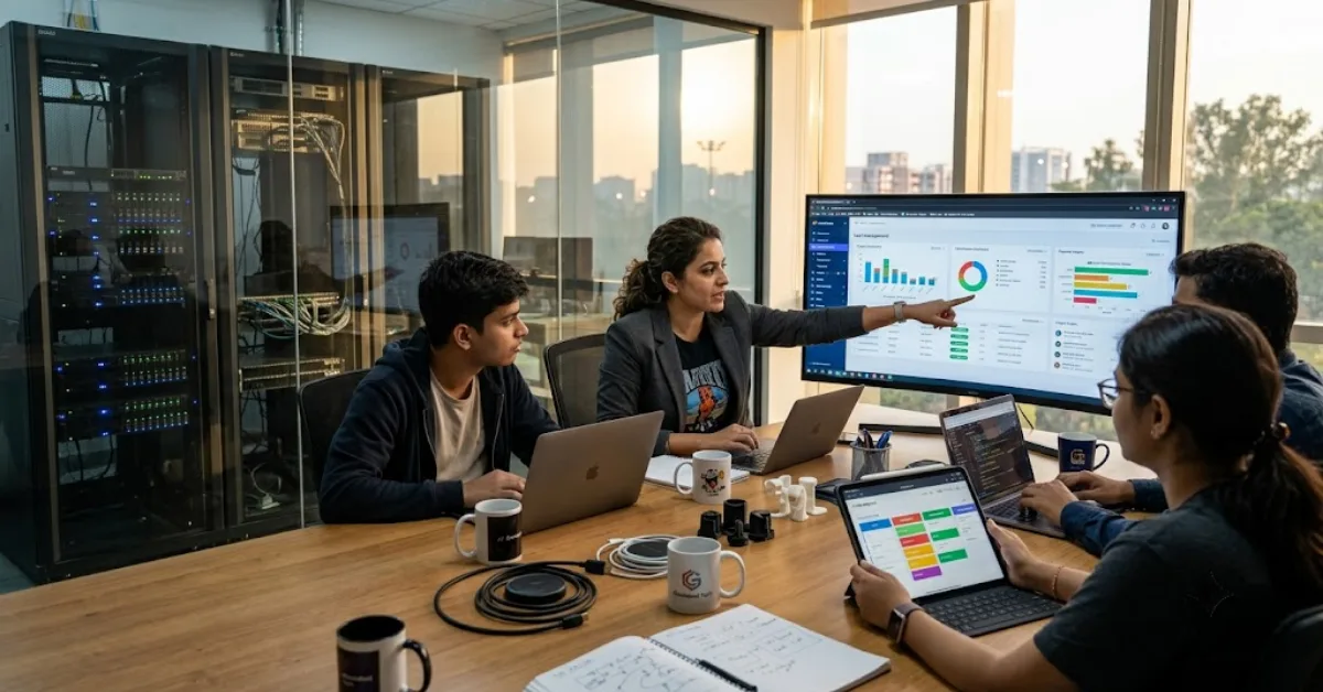 Professional team in a tech office reviewing a data dashboard on a large screen beside server racks.