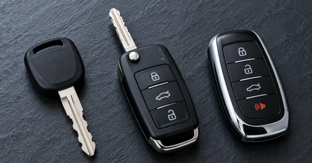Comparison of standard automotive transponder keys, flip remotes, and proximity smart fobs.