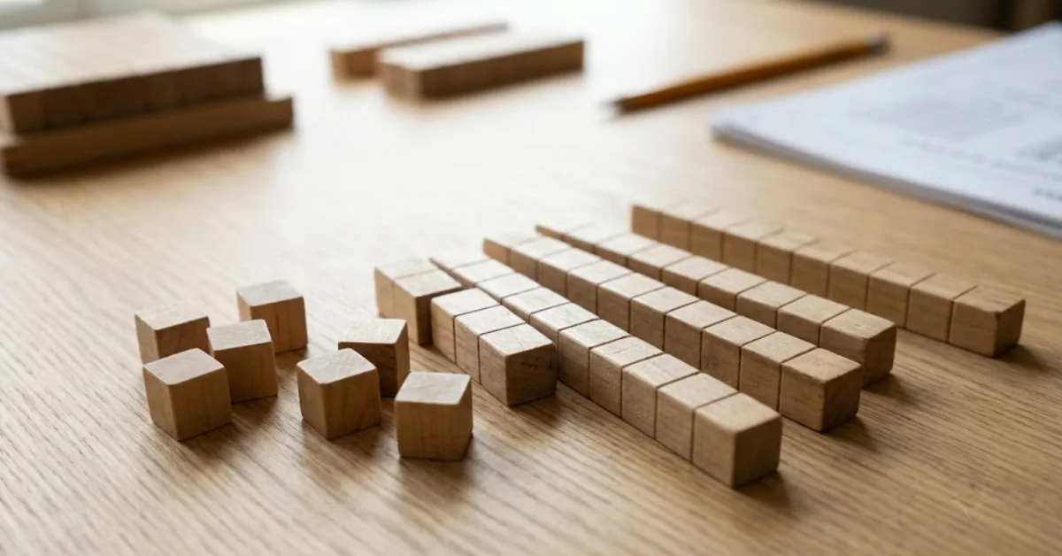 Wooden base ten math blocks showing individual unit cubes and ten-unit rods on a classroom desk.
