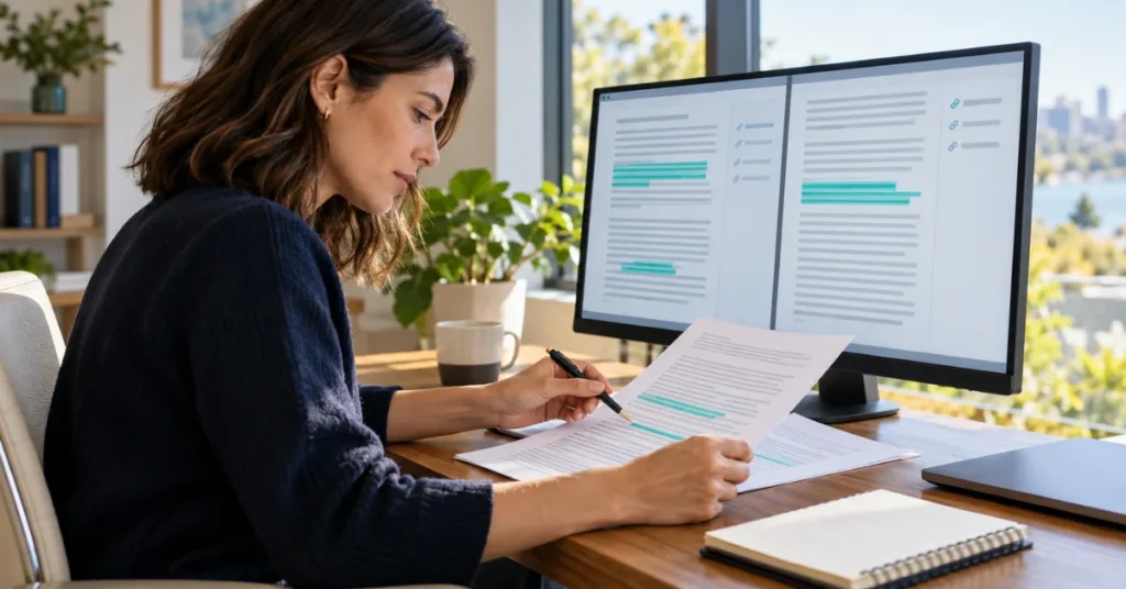 Editor checking highlighted passages in a printed draft against two documents displayed side by side on a monitor.