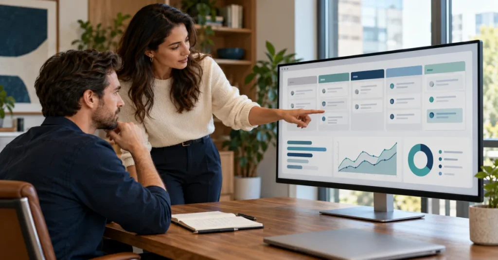 Two colleagues reviewing an illustrative dashboard with content workflow columns, horizontal bars, trend lines and a doughnut chart.