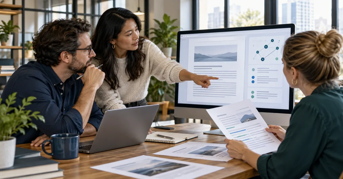 Three colleagues reviewing a content draft on a large monitor, with printed pages, a laptop and a notebook on the desk.