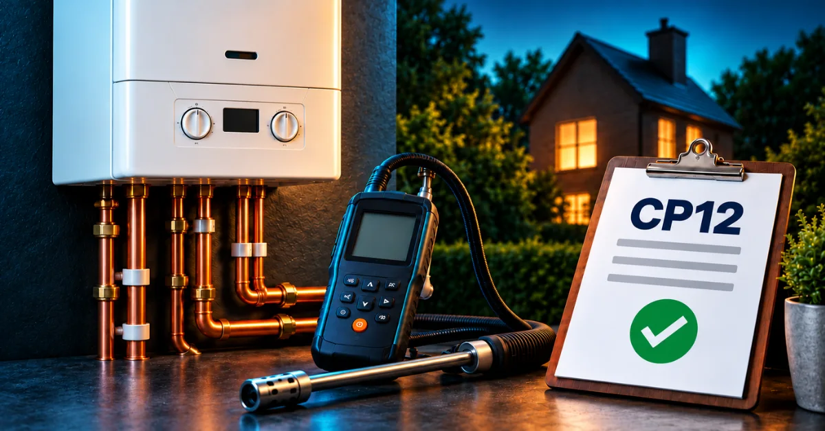 Gas boiler with copper pipes, a combustion analyser and probe beside a clipboard marked CP12 with a green check.