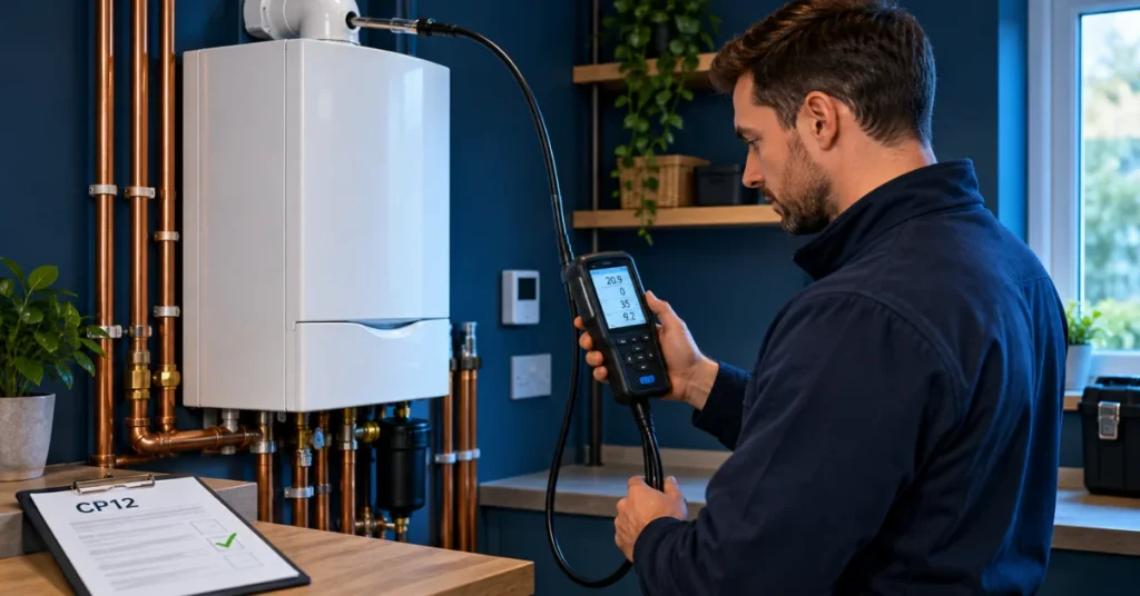 Engineer checking a wall-mounted boiler with a combustion analyser, with copper pipes and a CP12 clipboard nearby.