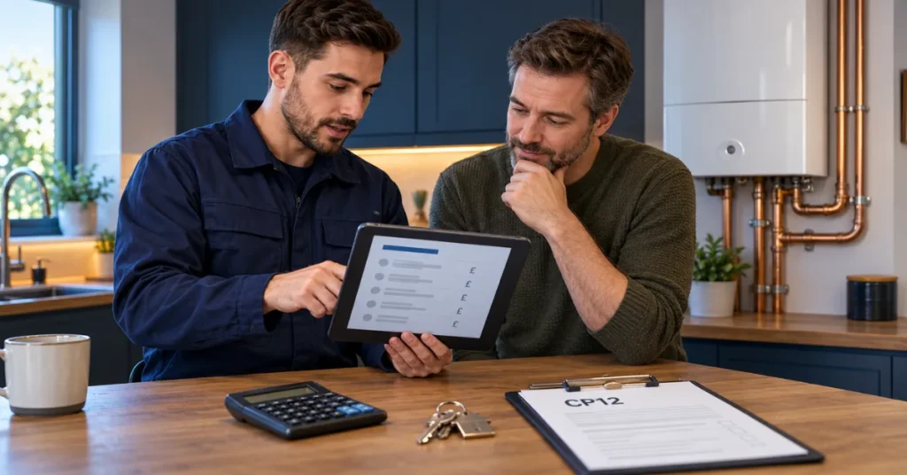 Engineer and landlord reviewing an itemised quote on a tablet, with a calculator, keys, and CP12 clipboard nearby.